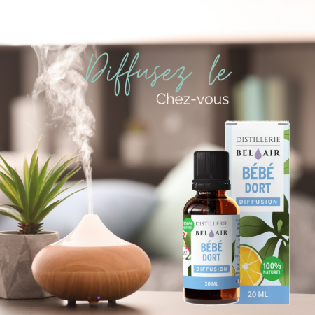 Produit bébé dort en avant, et à sa droite un diffuseur libérant le complexe de l'huile, avec un écrit "Diffusez-le chez vous"