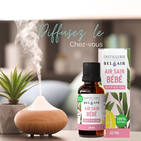 Produit "air sain bébé" en premier plan, avec un diffuseur et une inscription "diffusez le chez vous"