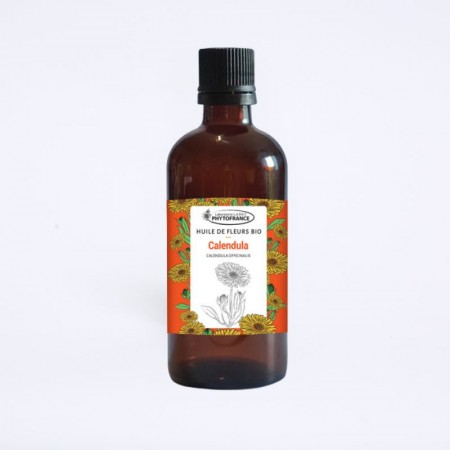 Flacon de 100ml de huilde de fleur de calendula de la marque phytofrance, pour l'hydratation, possède un effet anti-âge