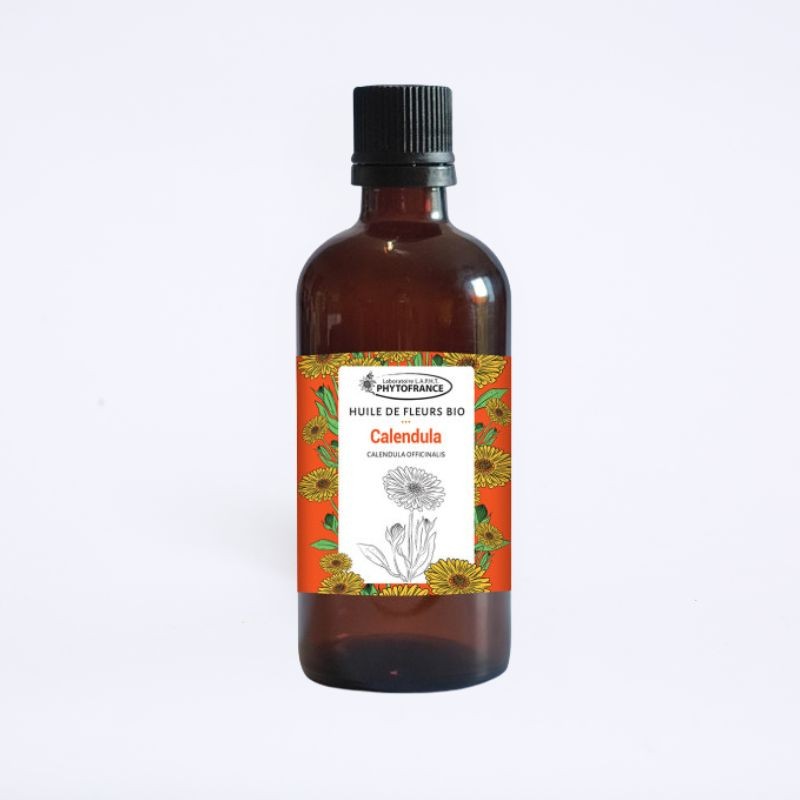 Flacon de 100ml de huilde de fleur de calendula de la marque phytofrance, pour l'hydratation, possède un effet anti-âge