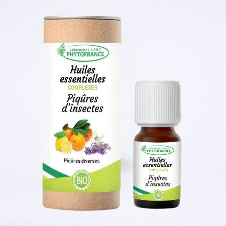 flacon de complexe d'huile essentielle "piqûre d'insecte" de chez phytofrance en 10 ml.