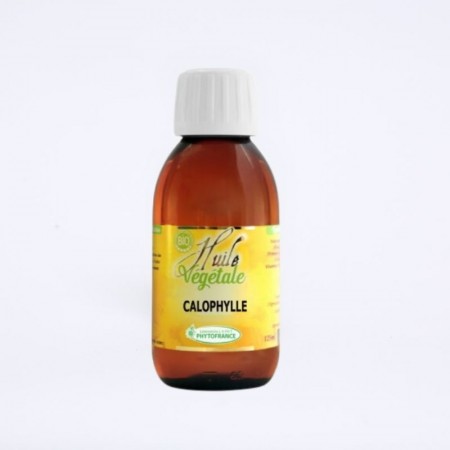 Bouteille de 125ml d'huile végétale de calophylle pour la relaxation musculaire et articulaire de la marque phytofrance.